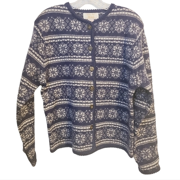 Tally Ho | Women's Vintage Blue and White 100% Wool Sweater (Size Large) - Picture 1 of 12